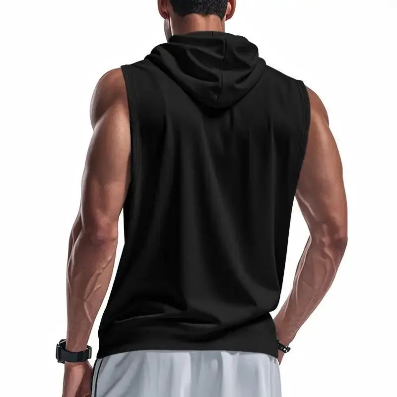 Men's black hooded sleeveless gym tank top by Simples Market