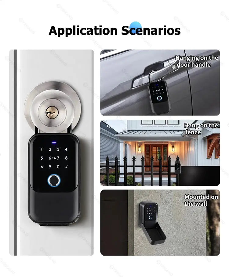 TTlock smart key lock box by Simples Market with numeric keypad and blue LED, mounted on door handle.