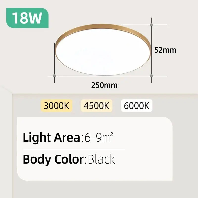 Round LED ceiling lamp with white diffuser and gold rim; 250mm dia, 52mm deep, 18W, 3000/4500/6000K
