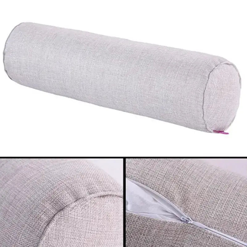 Cylindrical cotton-linen pillow case for sofa lumbar support; light gray long bolster with zip closure.