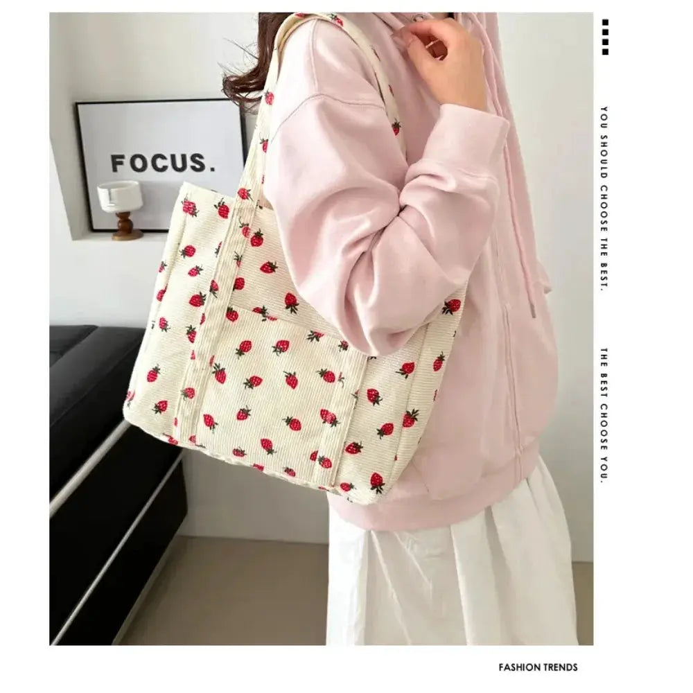 BerryCo Corduroy Strawberry Bucket Tote Bag Durable Canvas Daily Commute Large Capacity