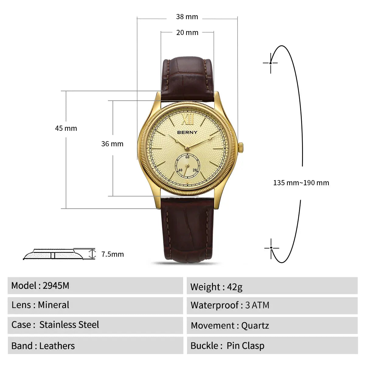 BERNY men's luxury dress watch with gold-tone stainless steel case and brown leather strap, quartz movement