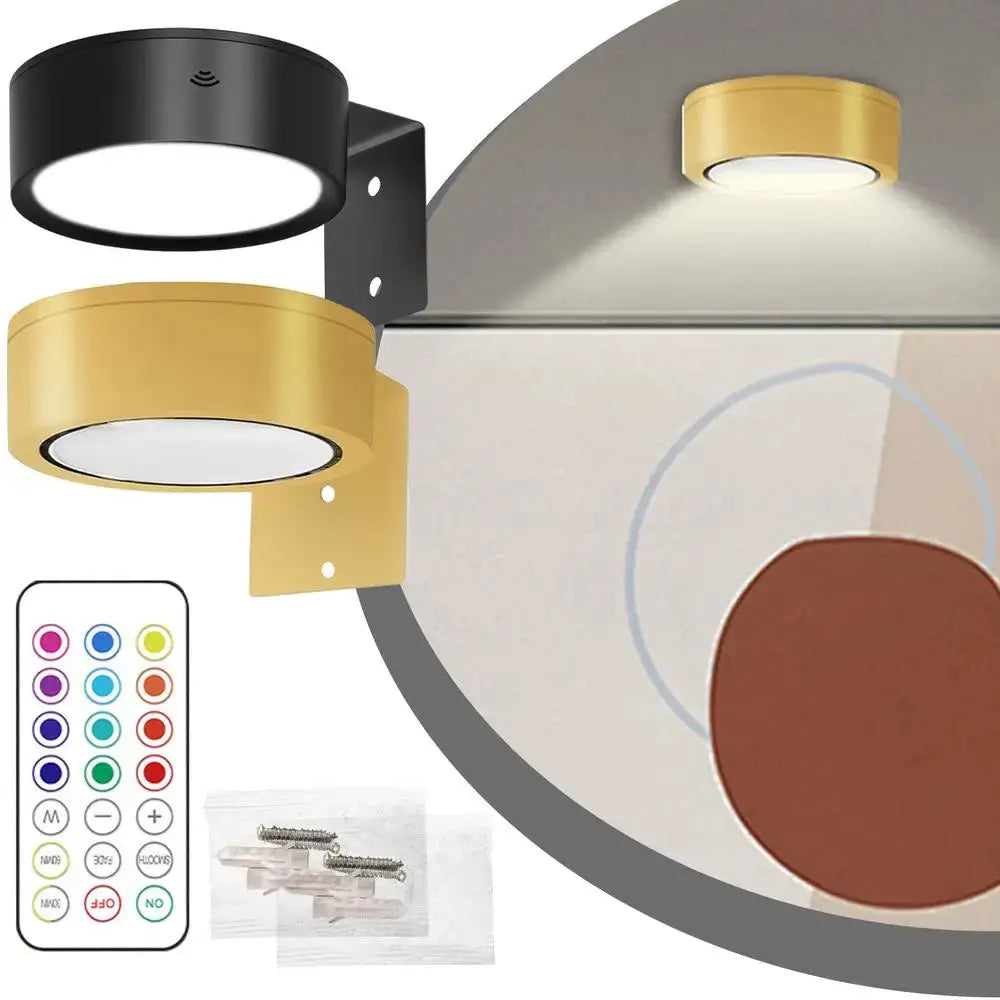 LED wall picture lights, 13-color RGB dimmable magnetic spotlights, battery-powered, black and gold, remote included.