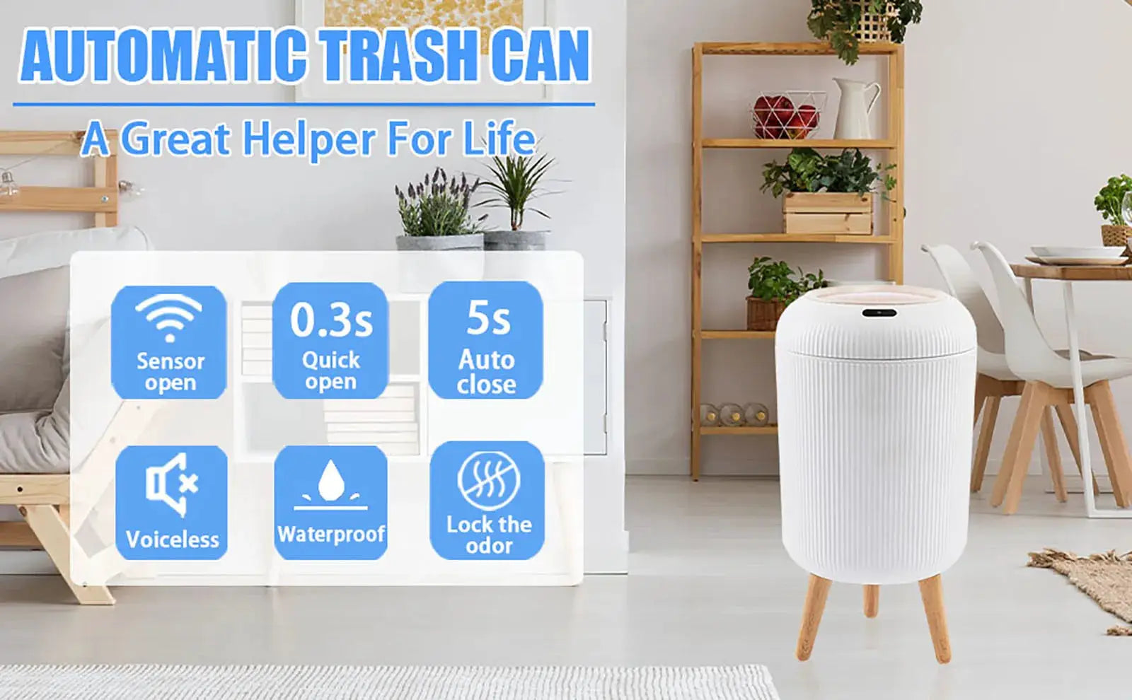 Automatic trash can with lid; white plastic, wooden legs, motion-sensor