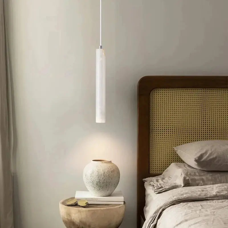 Led pendant lamp long white tube with wood ceiling mount, Japanese-style bedside chandelier