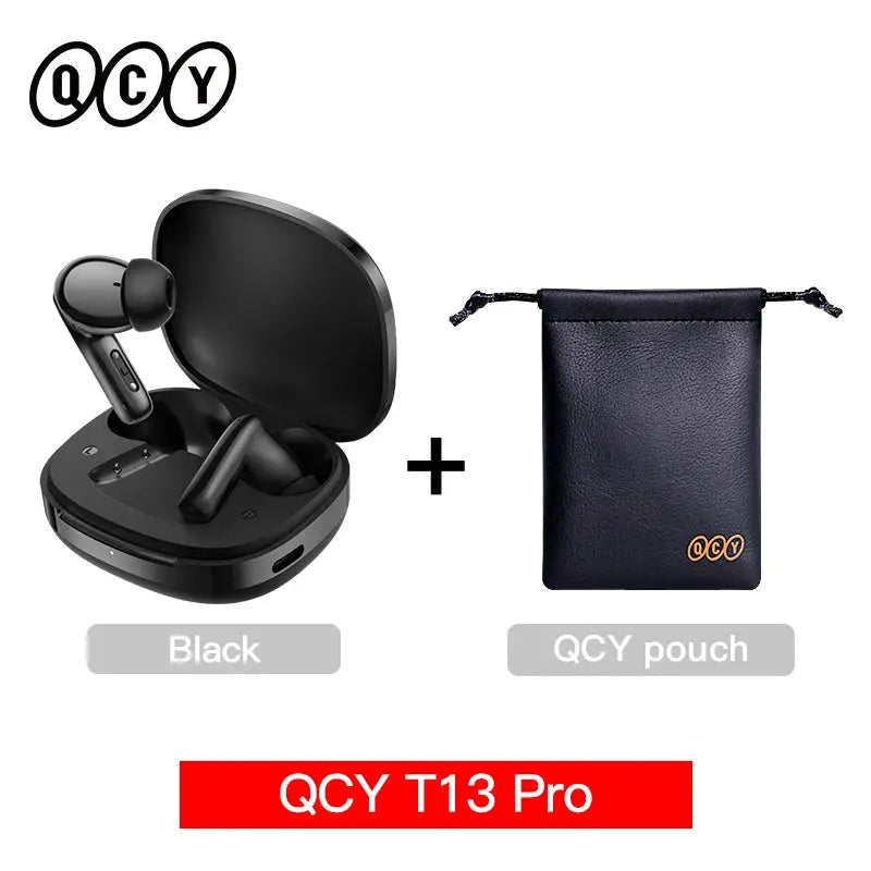 QCY T13 Pro wireless earbuds in black charging case, with a QCY pouch