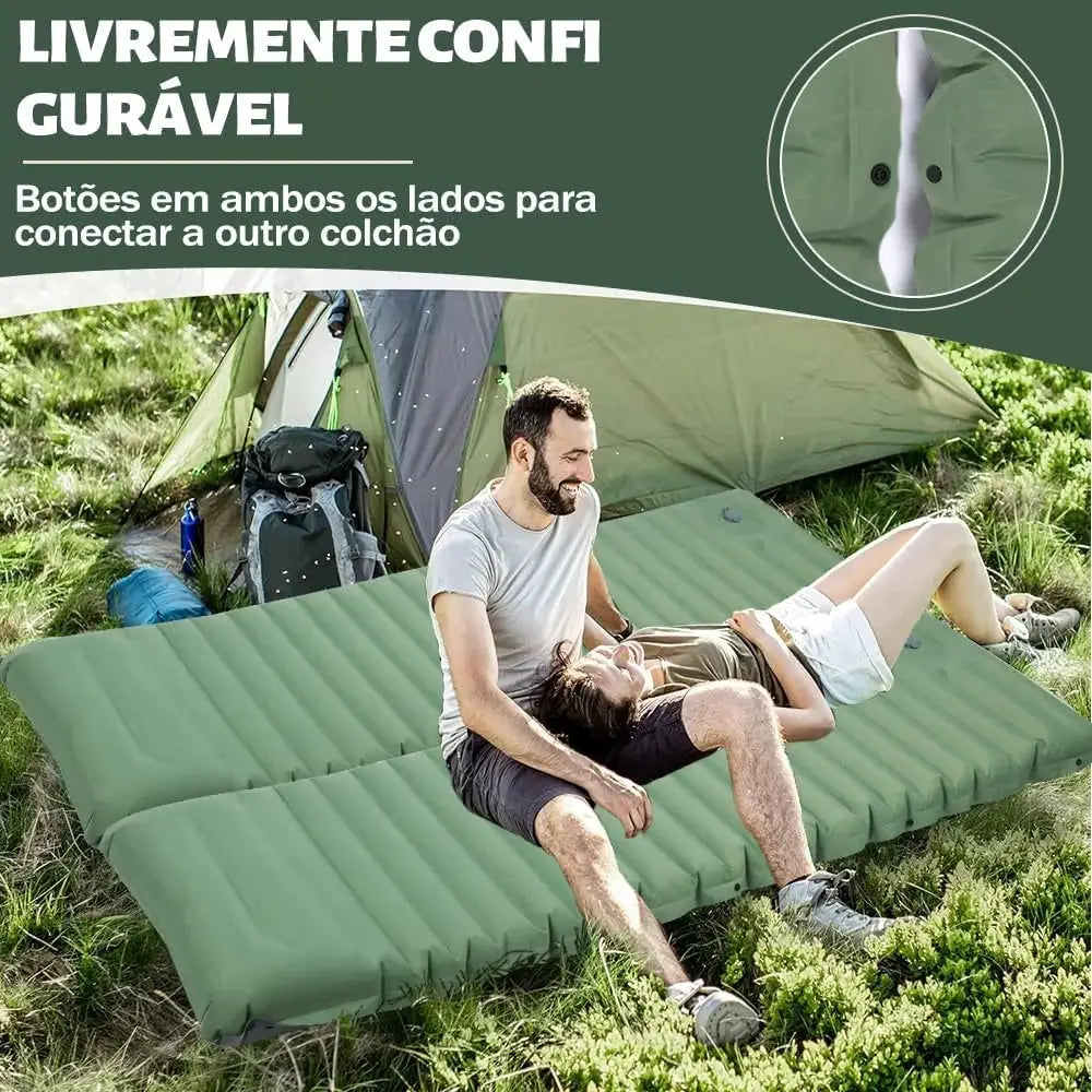 Sleeping pad by Simples Market; green extra-thick 4-inch camping self-inflating mat laid on grass beside a tent.