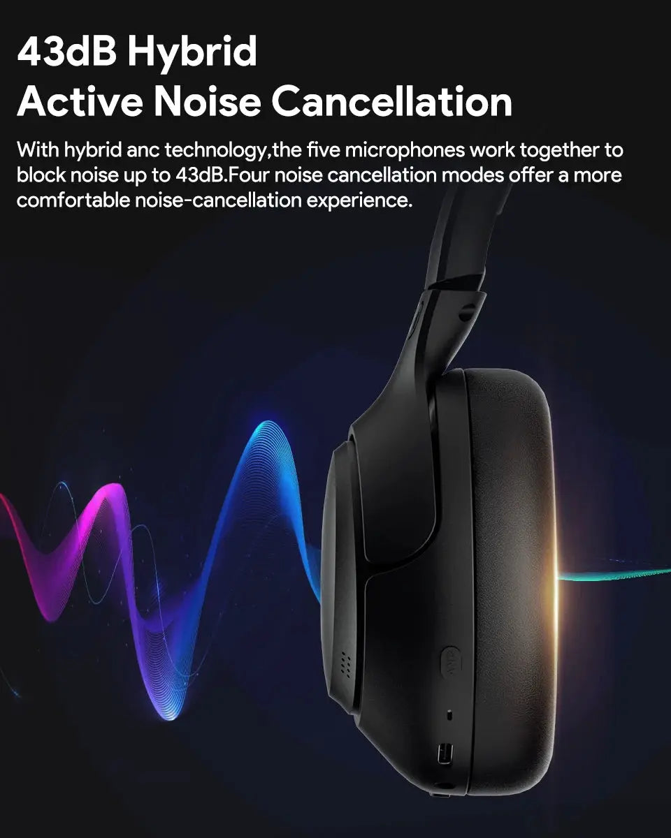 QCY H3 ANC wireless over-ear headphones in black with Bluetooth 5.4 and 43dB hybrid active noise cancellation.