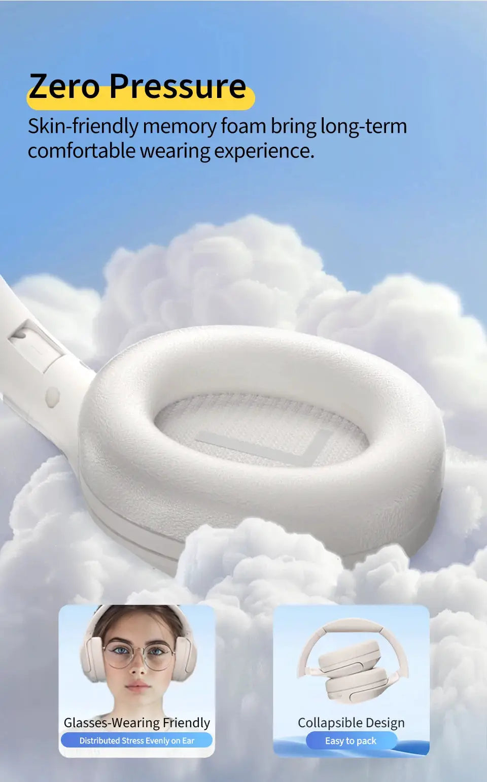 QCY H3 Lite ANC wireless/wired over-ear headphones in white with memory-foam ear cushions and foldable design