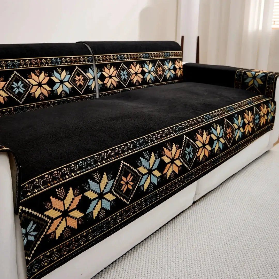 Sofa cover in Bohemian jacquard chenille with black base and beige/blue geometric motifs