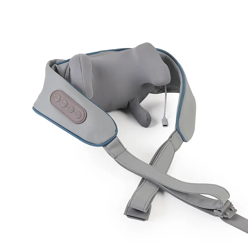 Foreverlily neck and shoulder massager, gray with control panel and wrap straps.