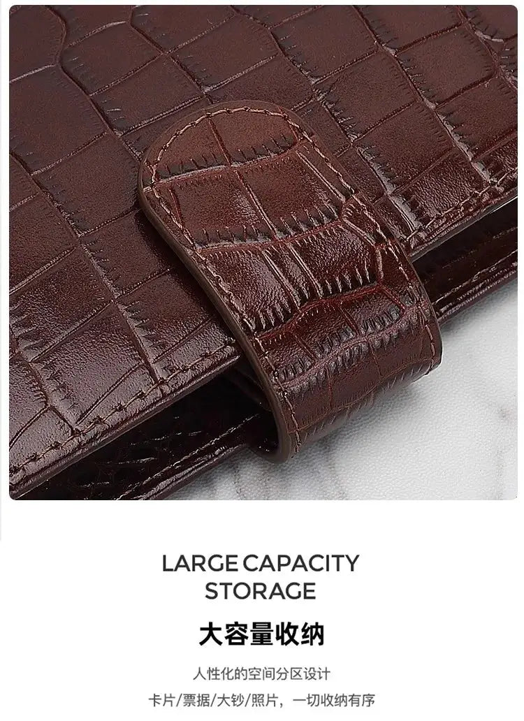 Yiwi genuine leather pocket-size planner with strap closure in brown crocodile-embossed texture by Simples Market