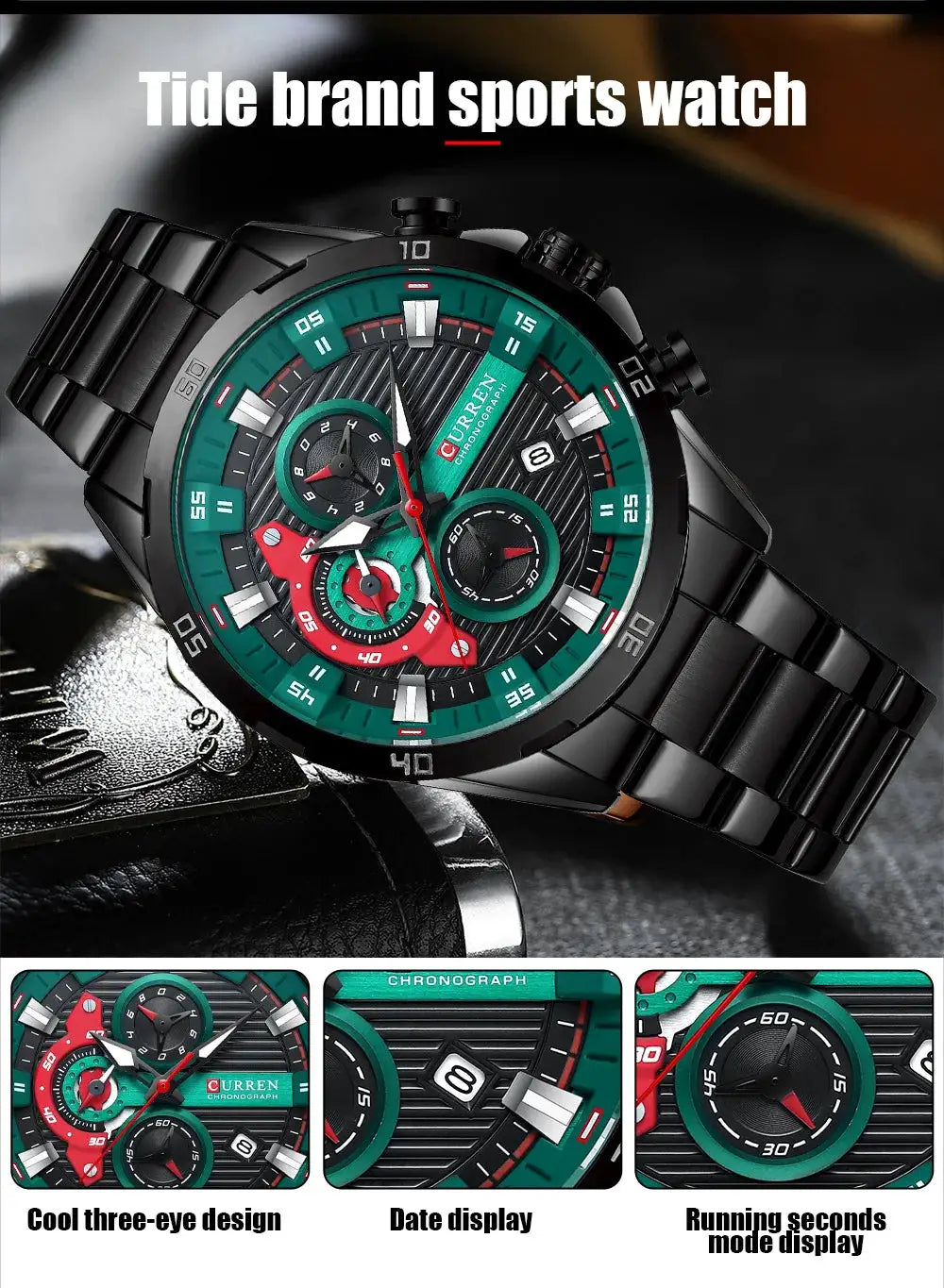 Curren 8402 men's stainless steel watch with luminous chronograph dial, teal bezel, black bracelet