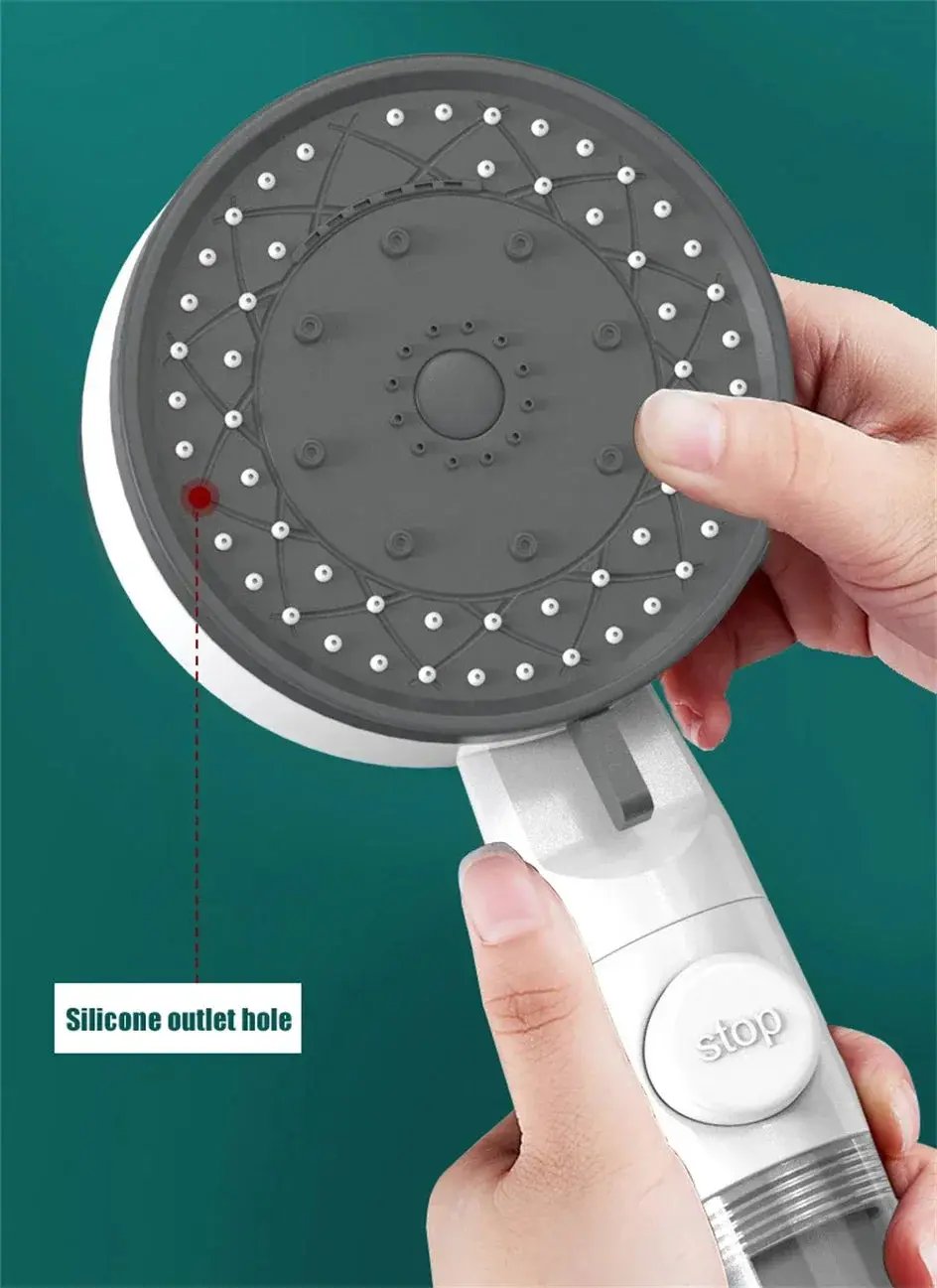 Simples Market handheld shower head with silicone outlet holes, 10 spray modes, high-pressure filter, stop button