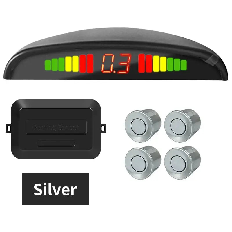 Hippcron car LED parking sensor kit with 4 silver sensors, black control module, and LED distance display