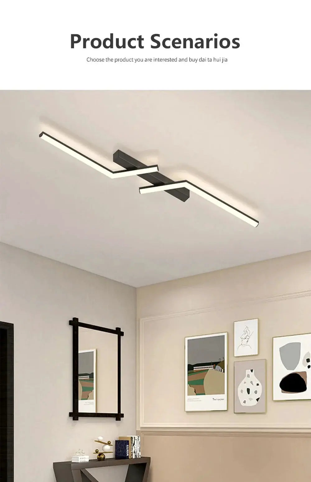 Modern LED ceiling light with twin zigzag white light bars and dark central mount, contemporary living room fixture