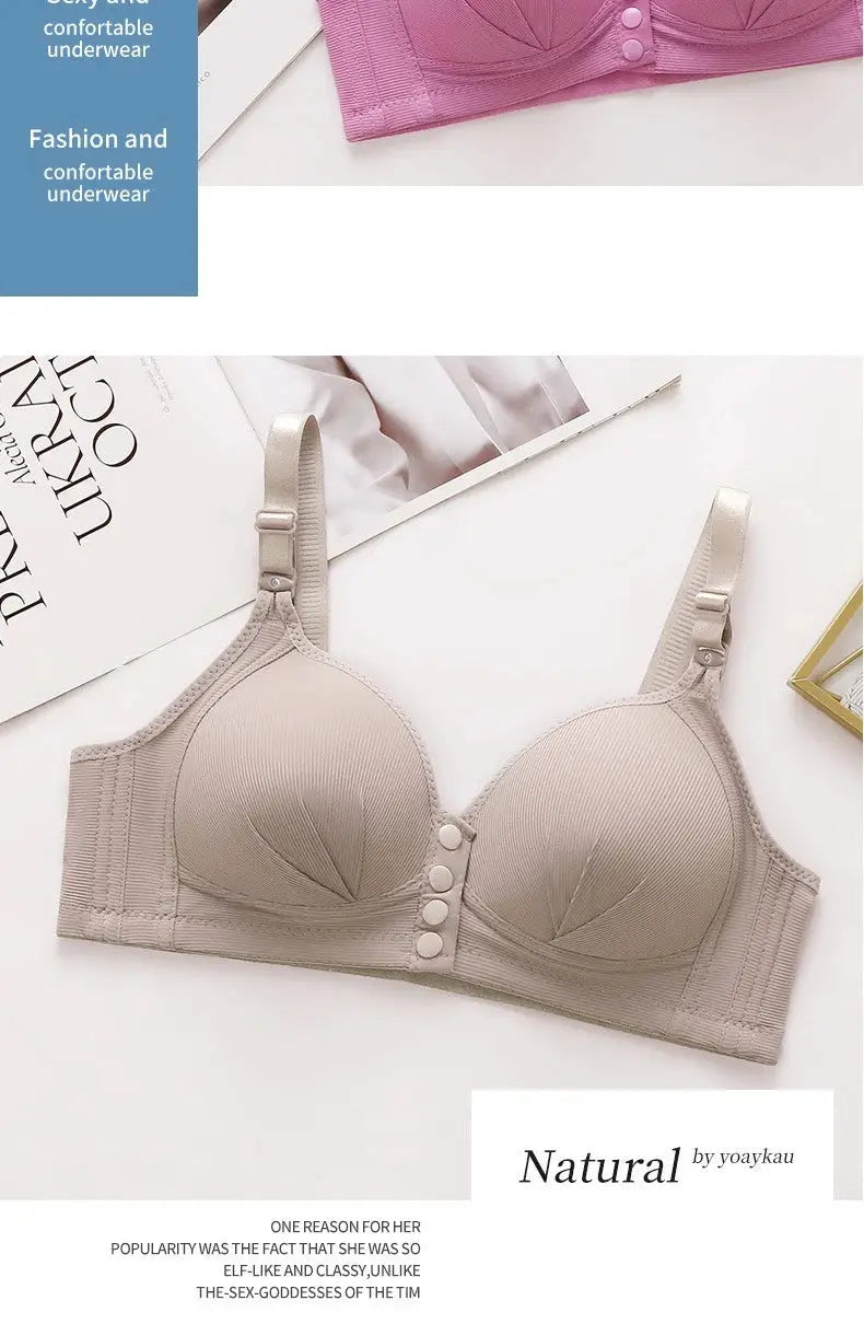 Beige front-buckle push-up bra with adjustable straps; pink bra visible in the background, 2 bras.