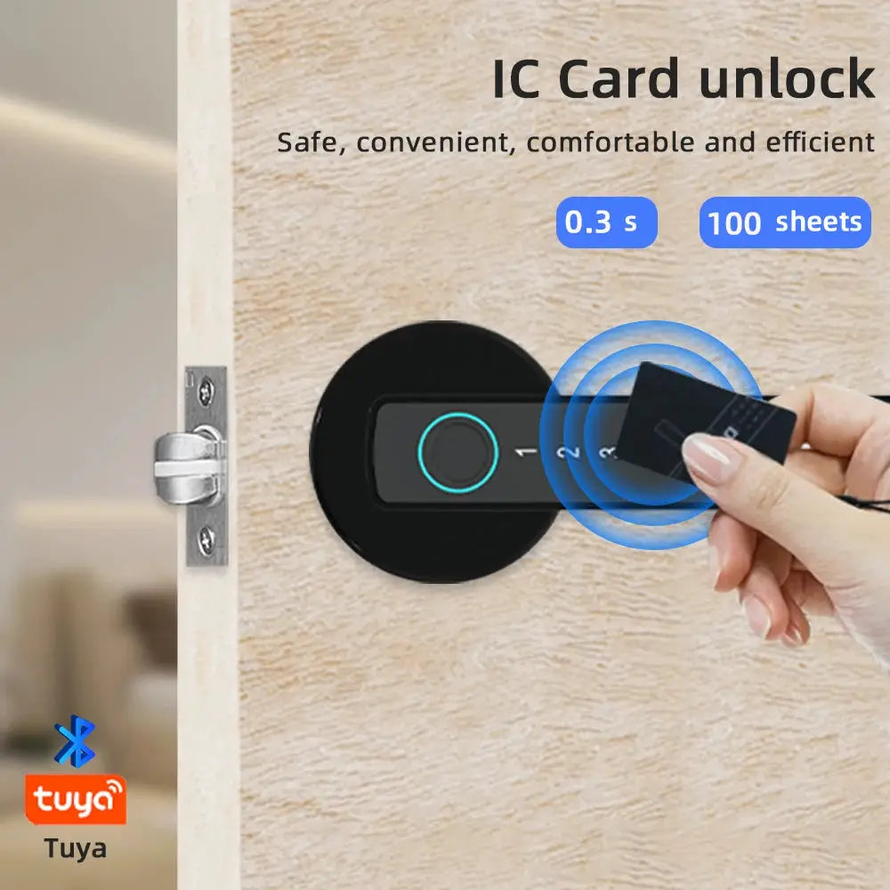RayKUBE M5 smart door lock by Simples Market; black fingerprint scanner with IC card unlock, Tuya BLE