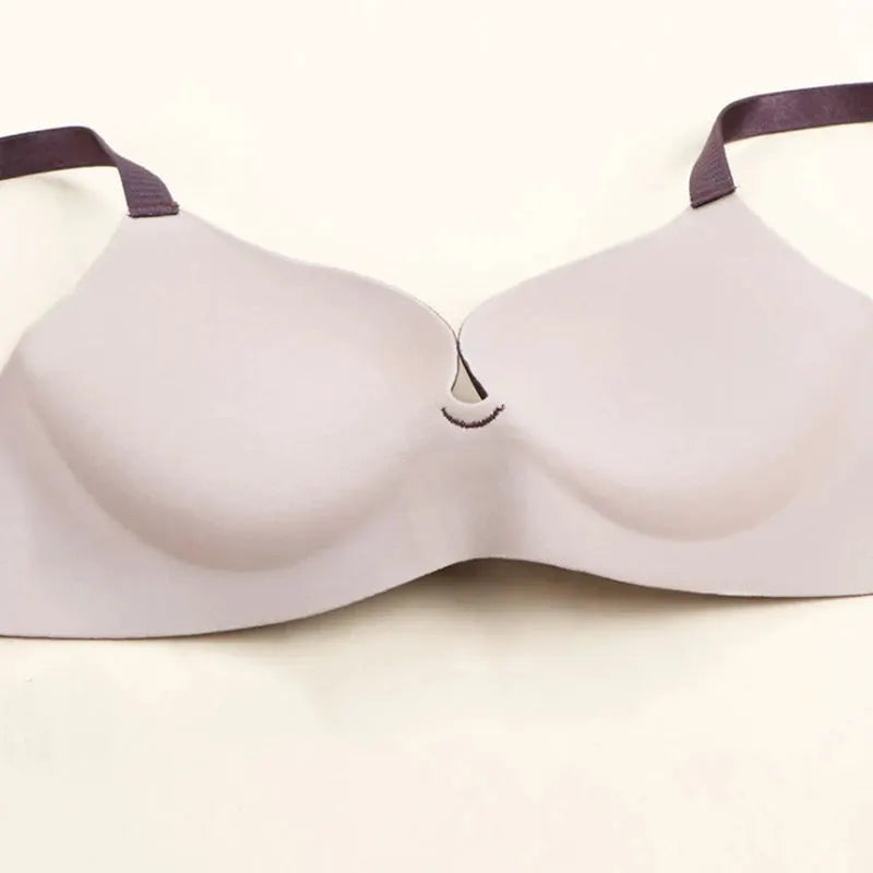 Simplicity bra by Simples Market; light beige seamless cup bralette with purple straps