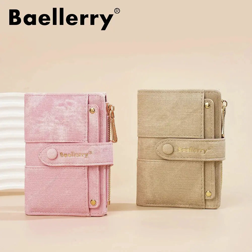 Baellerry women’s short wallets (2) with zipper coin pockets; pink and beige canvas, detachable card clip