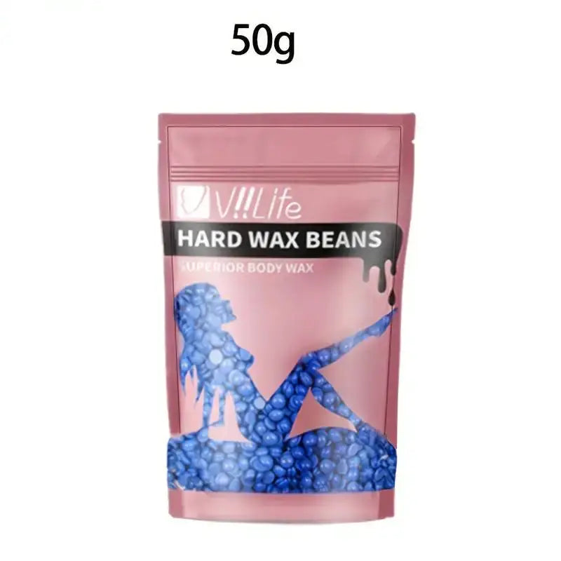 Hard wax beans 50g pink pouch with blue bean silhouette for body, face, bikini hair removal