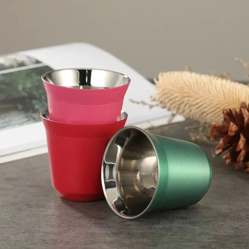 Stainless Steel Double Wall Insulated Cup 80ml Flat Bottom Capsule Coffee Cup With Inner Tank