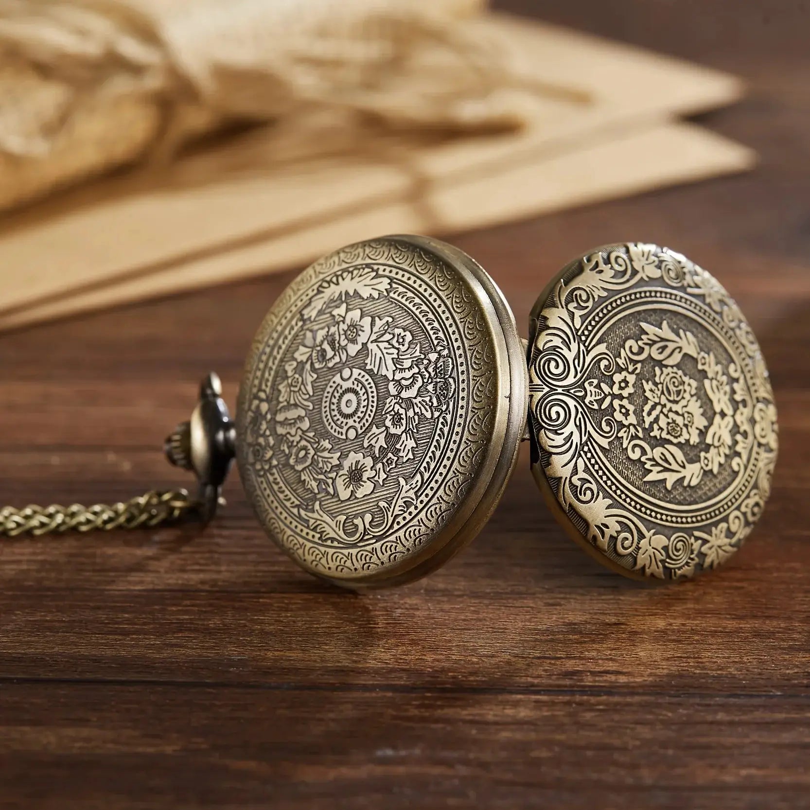 HeritageTime Carved Flip Cover Pocket Watch Necklace Quartz Movement Unisex Gift For Men And Women