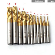 7Pcs 11Pcs Milling Cutters 4 Flute Titanium Coated HSS End Mill Set 1.5 to 10mm CNC Router Bit for Wood Steel Milling