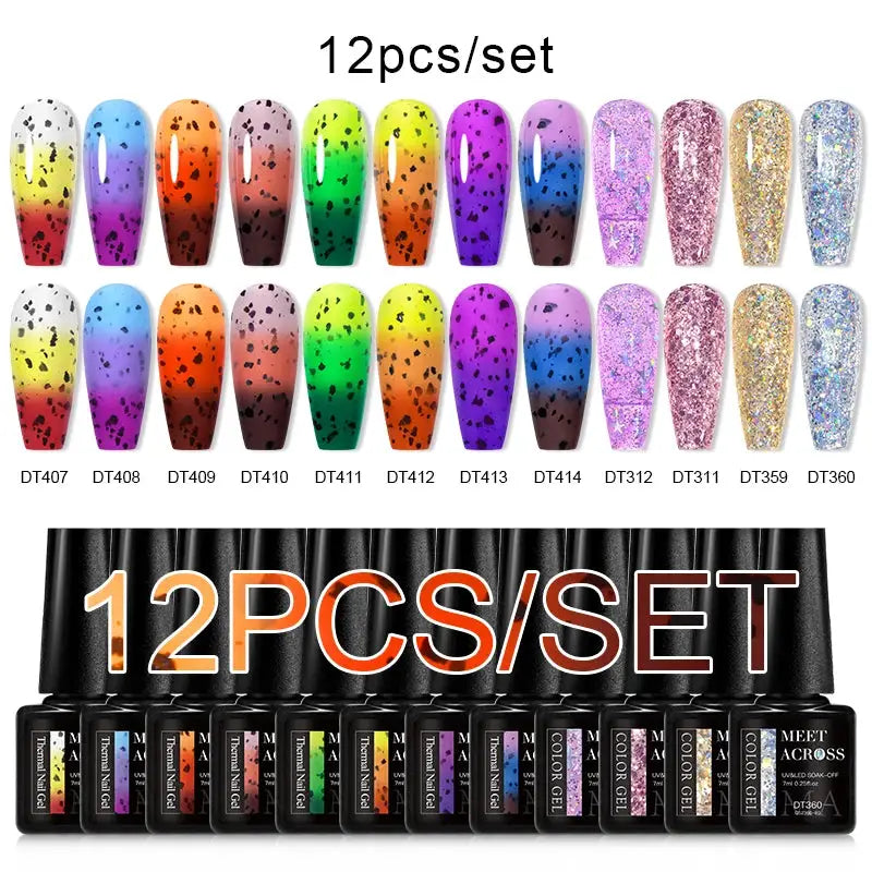 Meet Across 12pc gel nail polish set featuring pink glitter and macaron blue hues, semi-permanent varnish kit