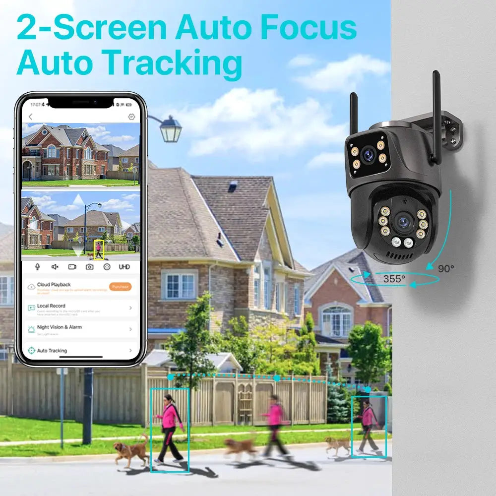 4K 8MP HD WiFi PTZ Outdoor Camera With Dual Lens And Dual Screen AI Auto Tracking IP CCTV Night Vision P2P iCSee