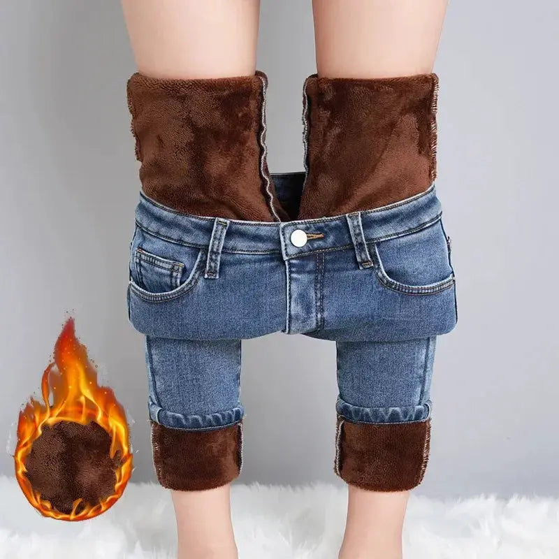 Women Thermal Jeans Fleece Lined Warm Stretch Slim Fit Pants Korean