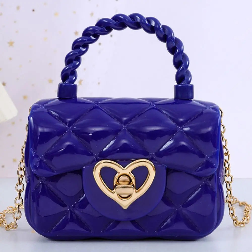 Simples Market kids PU leather crossbody bag, blue quilted heart-shaped gold clasp with chain strap