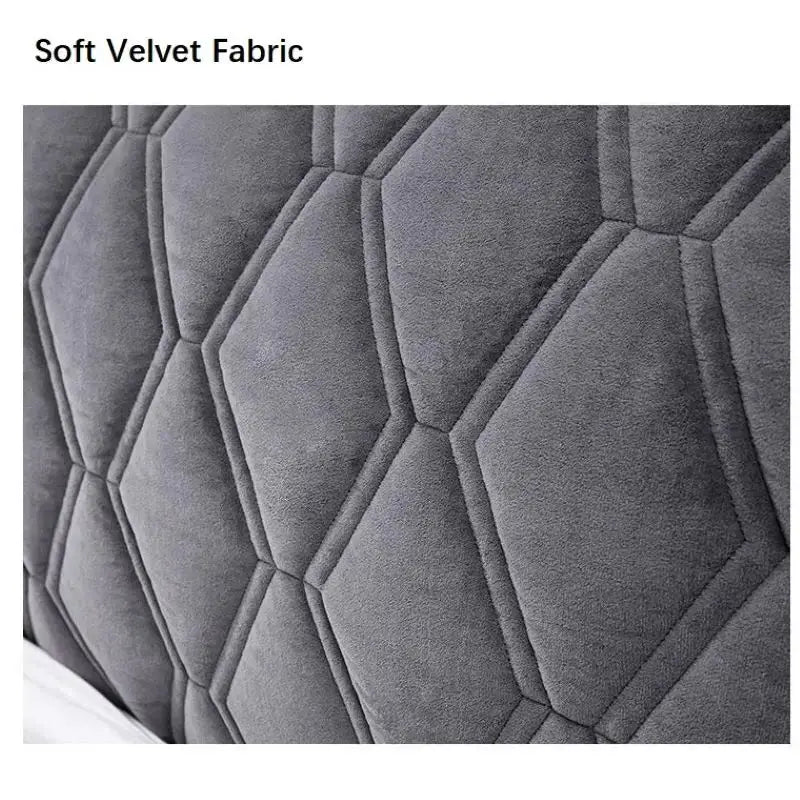 Quilted headboard cover in soft gray velvet with geometric hexagonal quilting pattern