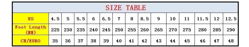 Men's breathable canvas sneakers by Simples Market size chart showing US, CM and EU sizes.