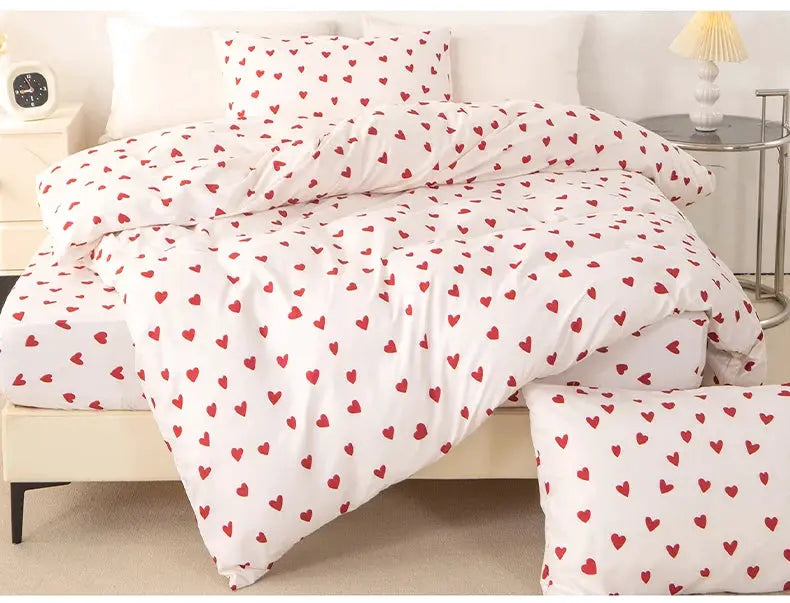 3-piece red heart print duvet cover set with white background; includes 1 duvet cover and 2 pillowcases, soft and skin-friendly