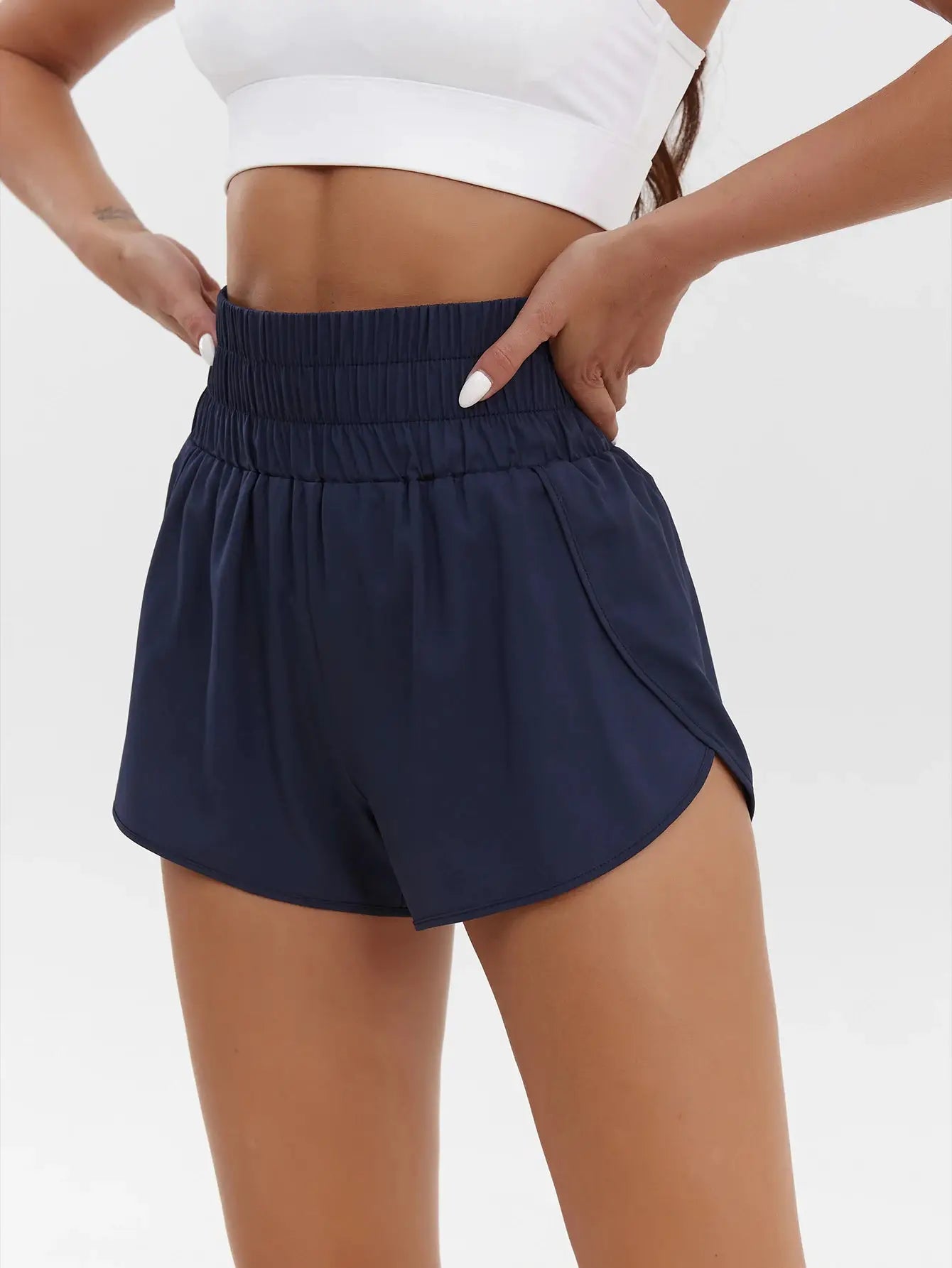Women's navy blue high-waist athletic shorts with elastic waistband; quick-dry breathable fabric, Simples Market.