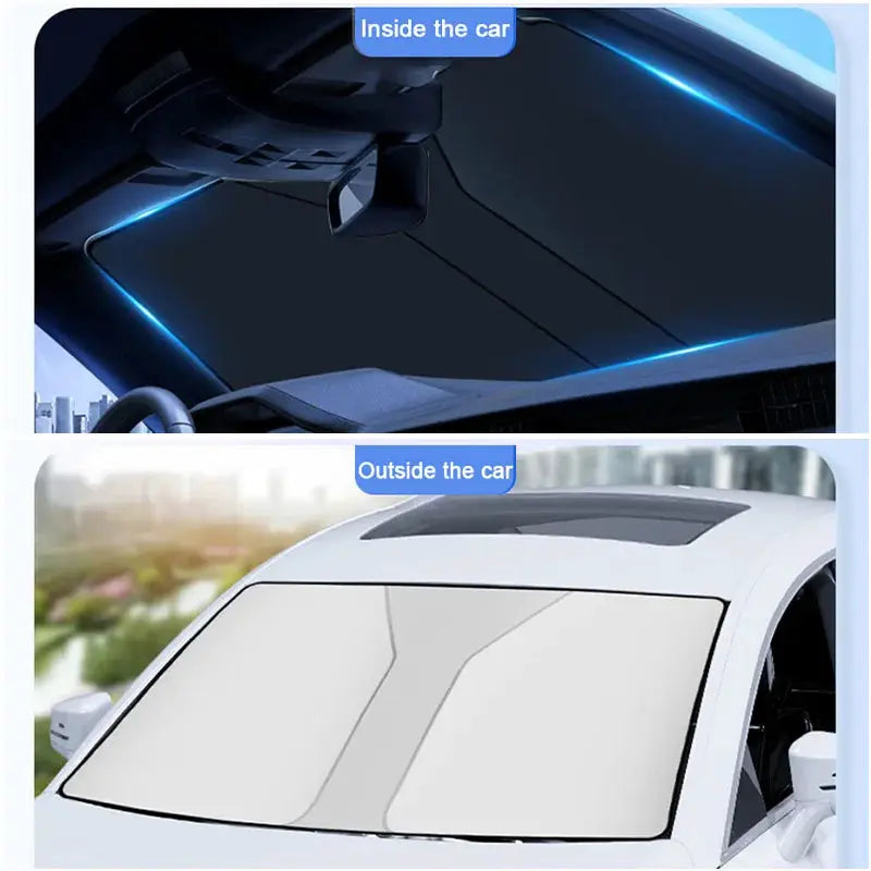 SEAMETAL windshield sun shade covers for front windows; heat-insulation sunshade shown inside and outside the car