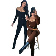Women's long-sleeve solid-color skinny jumpsuits; two models wear black and brown outfits