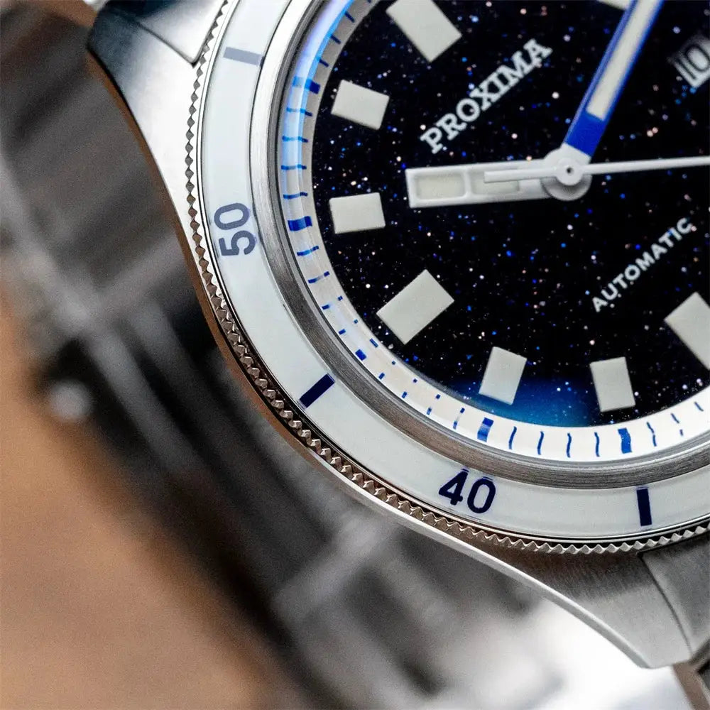 Proxima PX1721 men's automatic watch with starry aventurine dial and stainless steel case/bracelet.