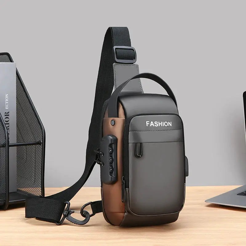 Men's anti-theft chest bag with USB charging, gray-black crossbody sling featuring a front pocket for school and travel.