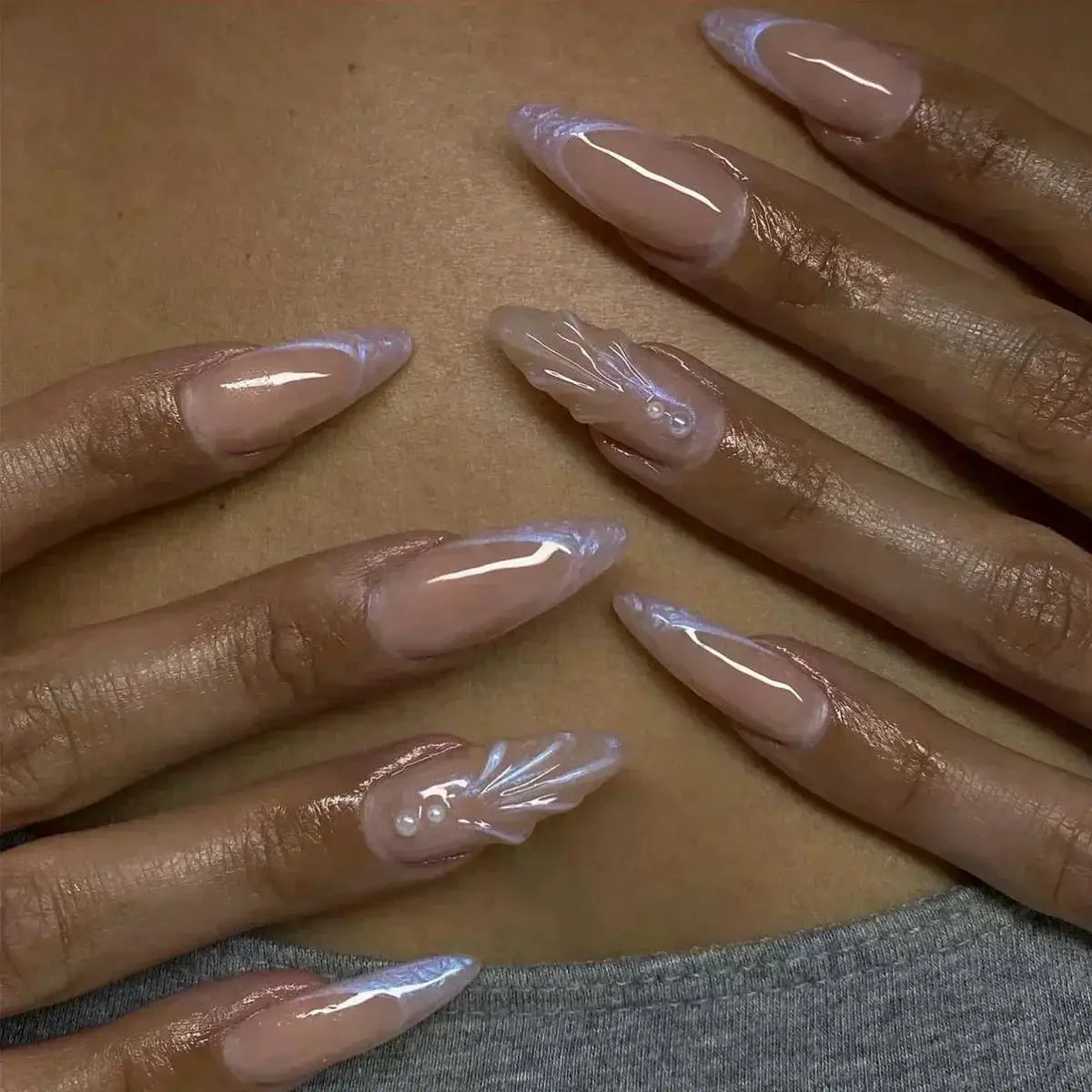 Glamora French Almond False Nails 24 Piece Press On Stiletto Tips With White Edge Design Glue Included For Wearable Glam