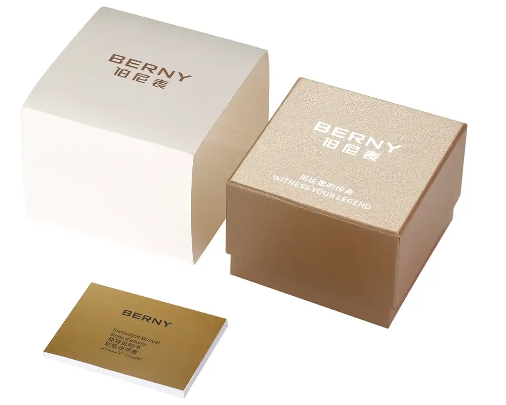 BERNY titanium men's watch packaging with white and gold boxes and instruction manual
