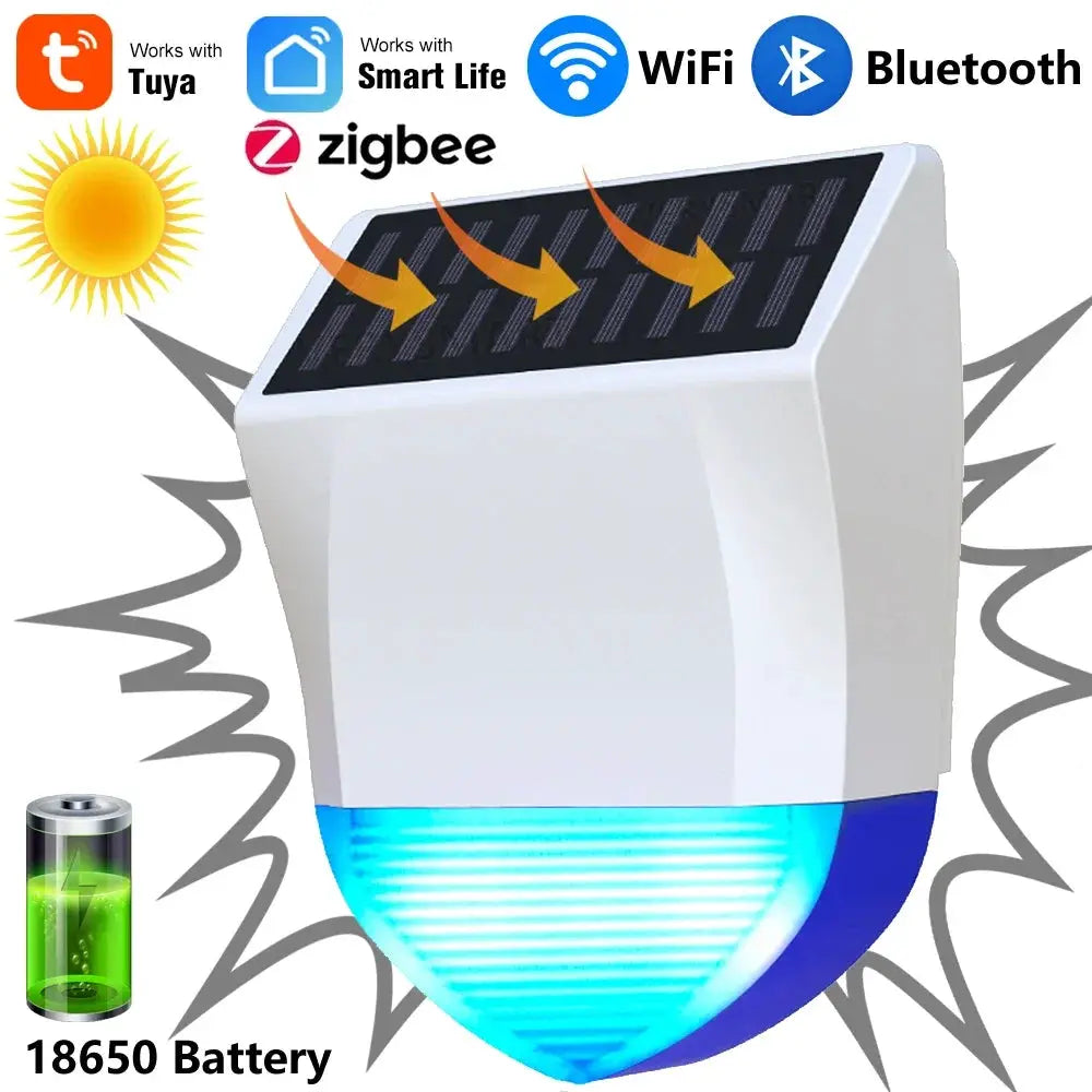 Outdoor solar siren alarm by Simples Market with Tuya Zigbee/WiFi, 18650 battery and blue LED light