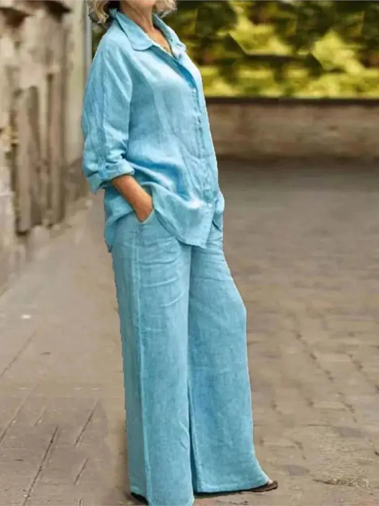 Cotton Linen Shirt Two Piece Set For Women With Wide Leg Trousers
