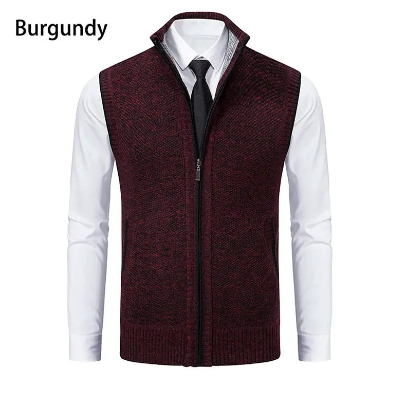 Men's burgundy knitted sleeveless vest with stand collar and front zipper