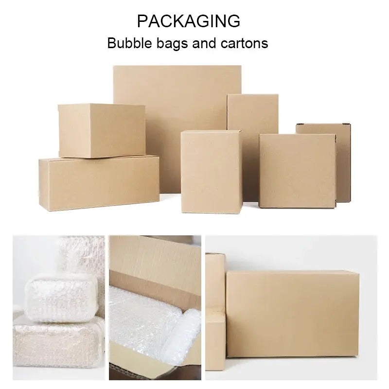Beige travertine bathroom accessories set packaging, brown cardboard boxes.