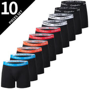 Men's boxer briefs 10-pack with elastic waist; black with blue/orange/red waistband accents, teens to adults