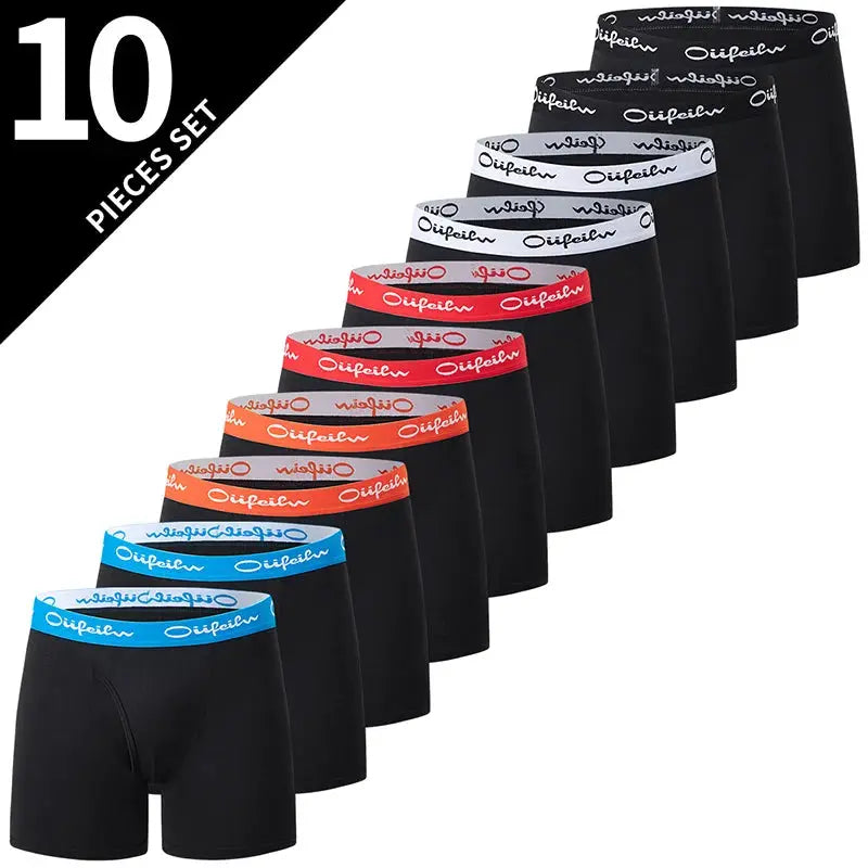 10-piece men's boxer briefs set in black with assorted colored waistbands