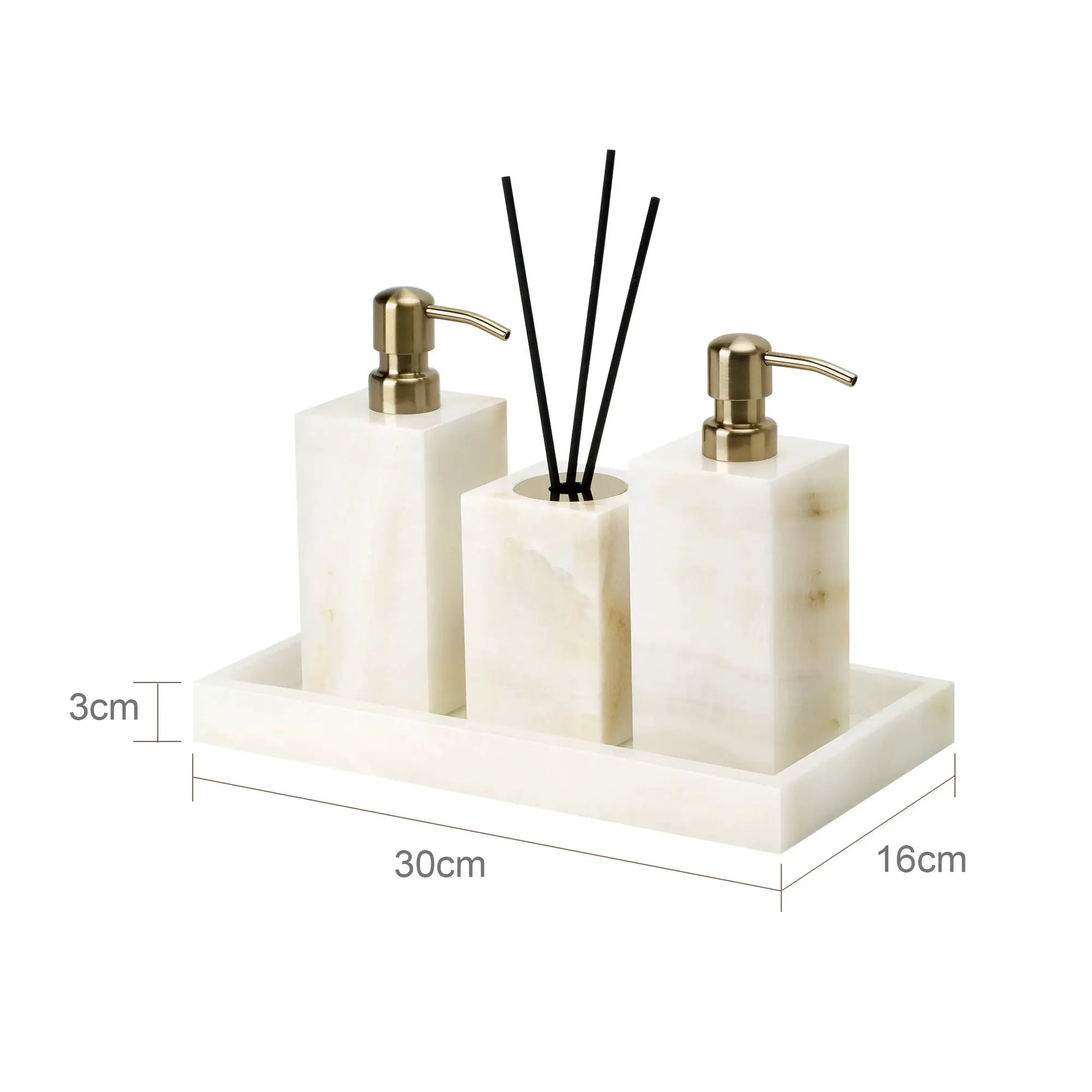 White onyx marble 3-piece bathroom accessories set with soap dispenser, tissue box, and vanity tray; gold-toned accents.