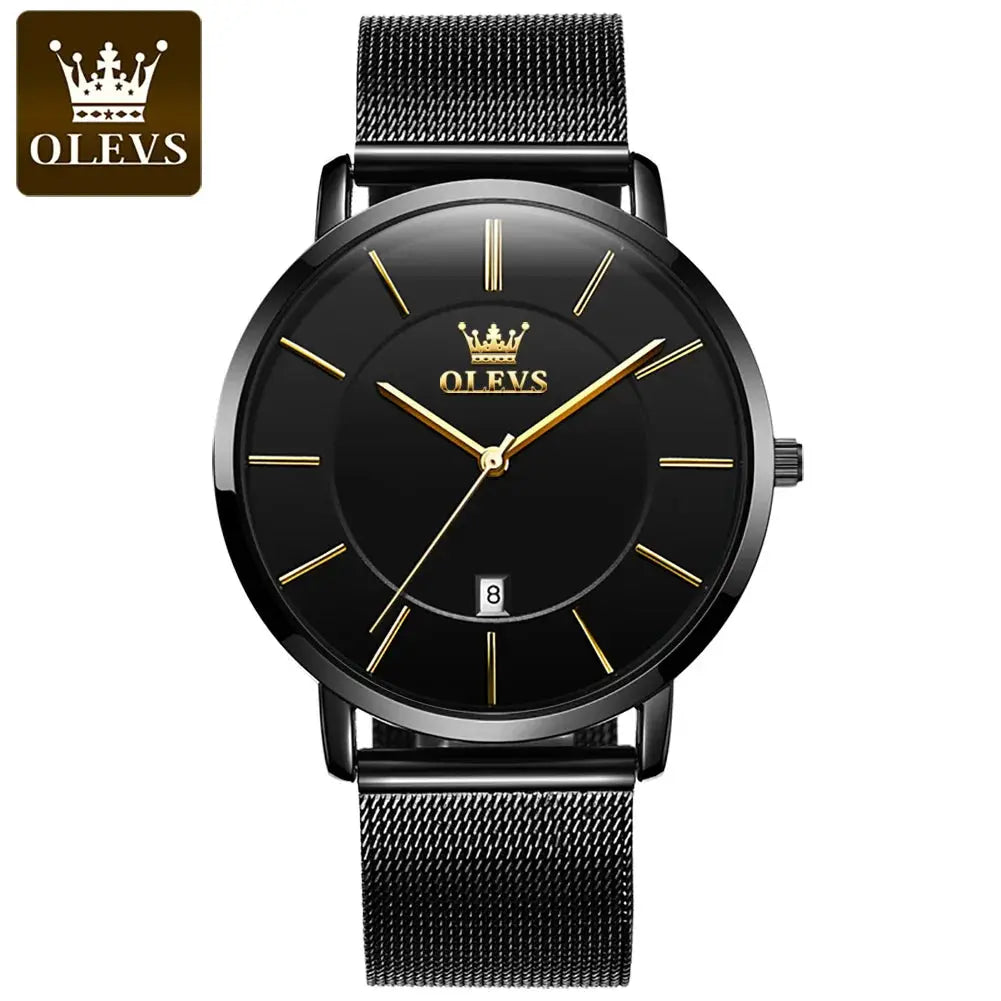 OLEVS 5869 ultra-thin men's quartz watch with black dial, gold-tone hands and markers, mesh stainless steel strap